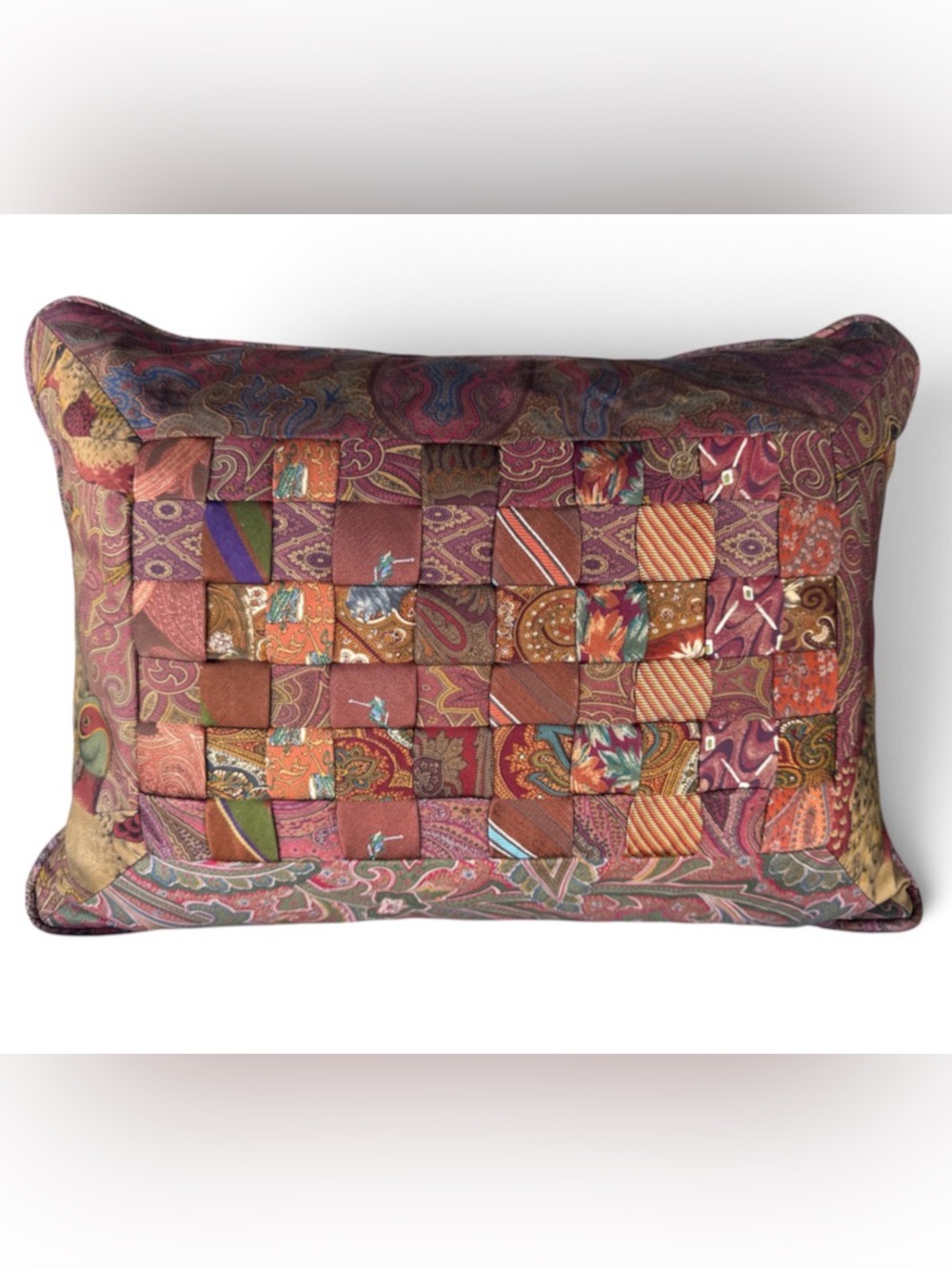 Silk Tie Paisley Patchwork Accent Pillow in Burgundy Rust Ducks Bird Hunting